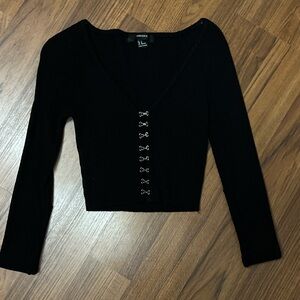 Forever 21 Black Ribbed Hook-and-Eye Long Sleeve Crop Top